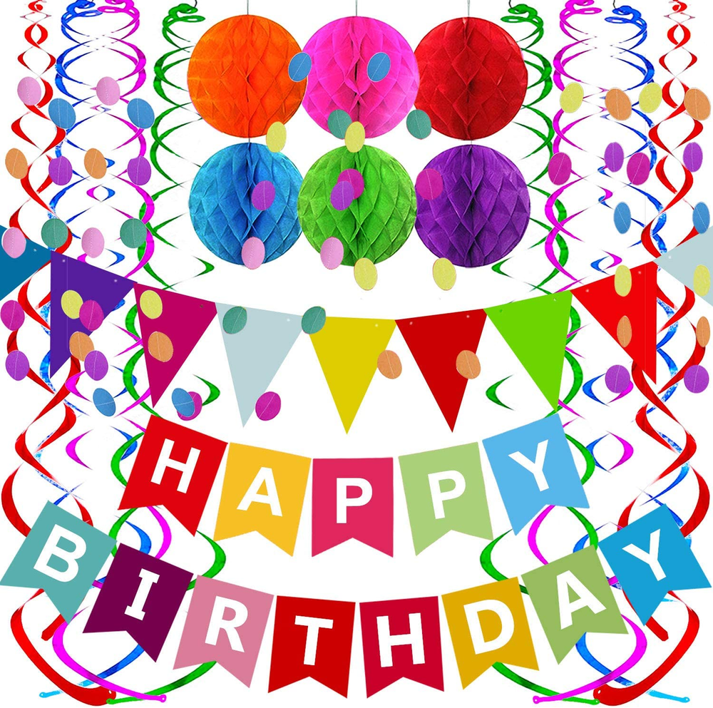 Happy Birthday Banner with Colorful Paper Flag Bunting Paper Circle Confetti Gar