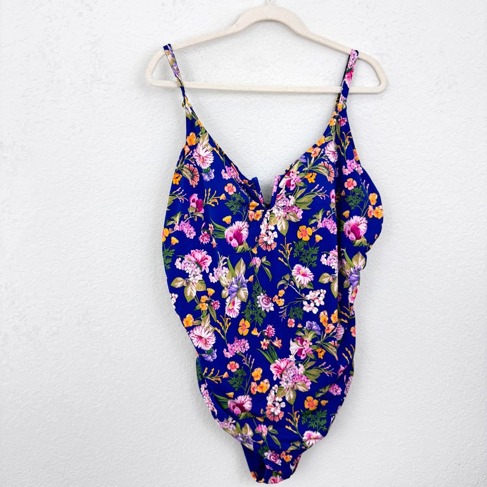 Time & Tru Women V Wire One Piece Swim Swimsuit Size 3X Floral Beach Summer Blue