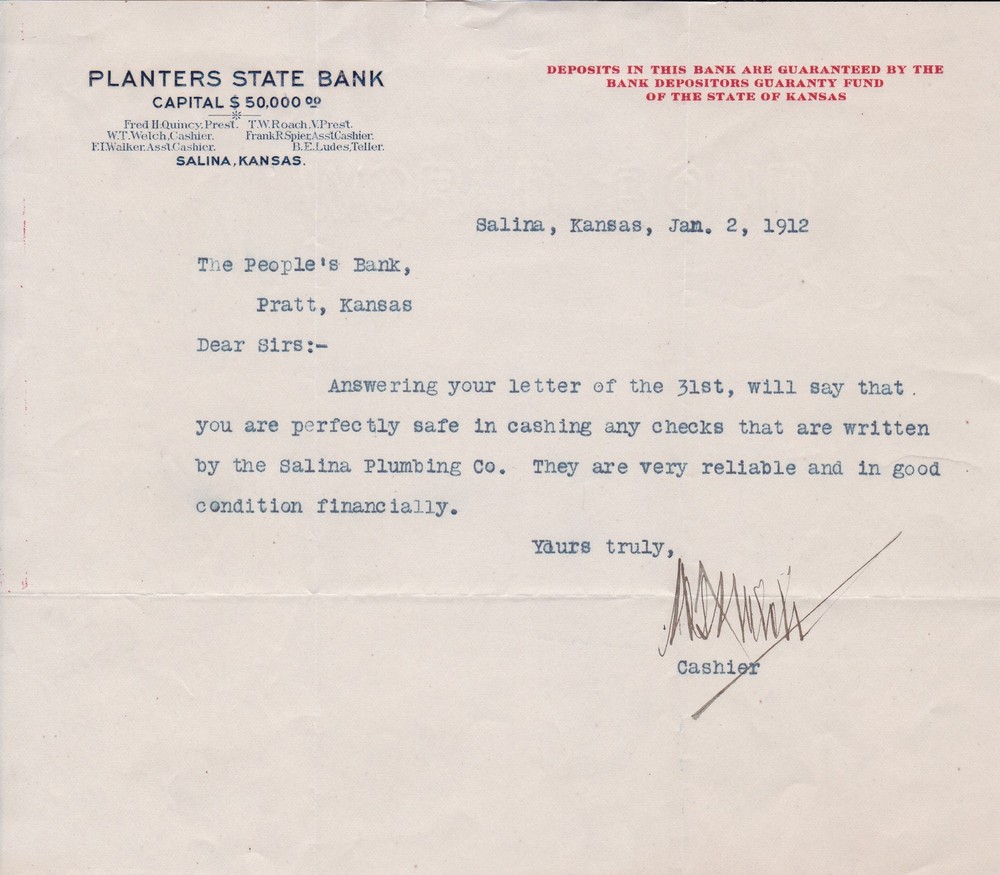 U.S. PLANTERS STATE BANK, Salina,Kan. Headed 1912 Reliable Firm Letter Ref 44519