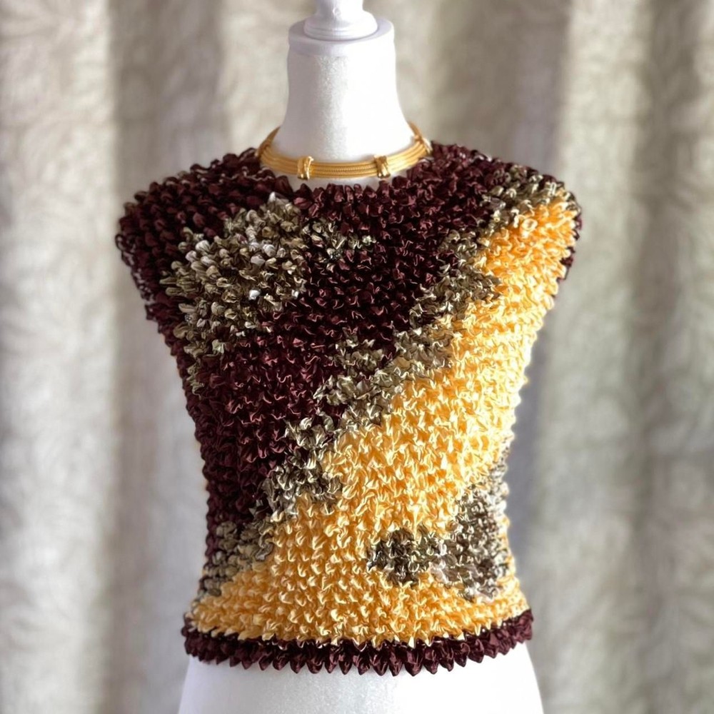 NWOT Vintage Y2K Silk Popcorn Blouse Brown Yellow Multicolor Whimsygoth One Size