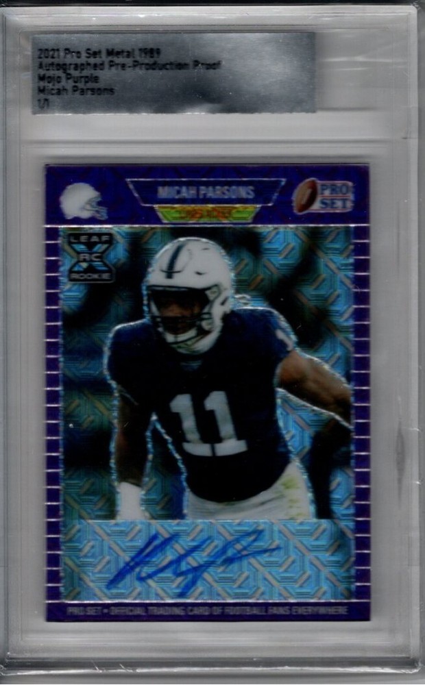 2021 Pro Set Metal 1989 Pre-Prod. Proof Auto Mojo Purple Micah Parsons 1/1
