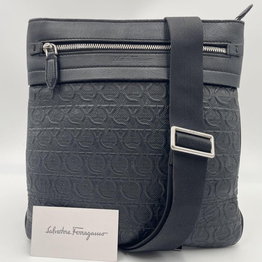 Ferragamo Gancini Embossed Leather Black Shoulder Bag Made in Italy