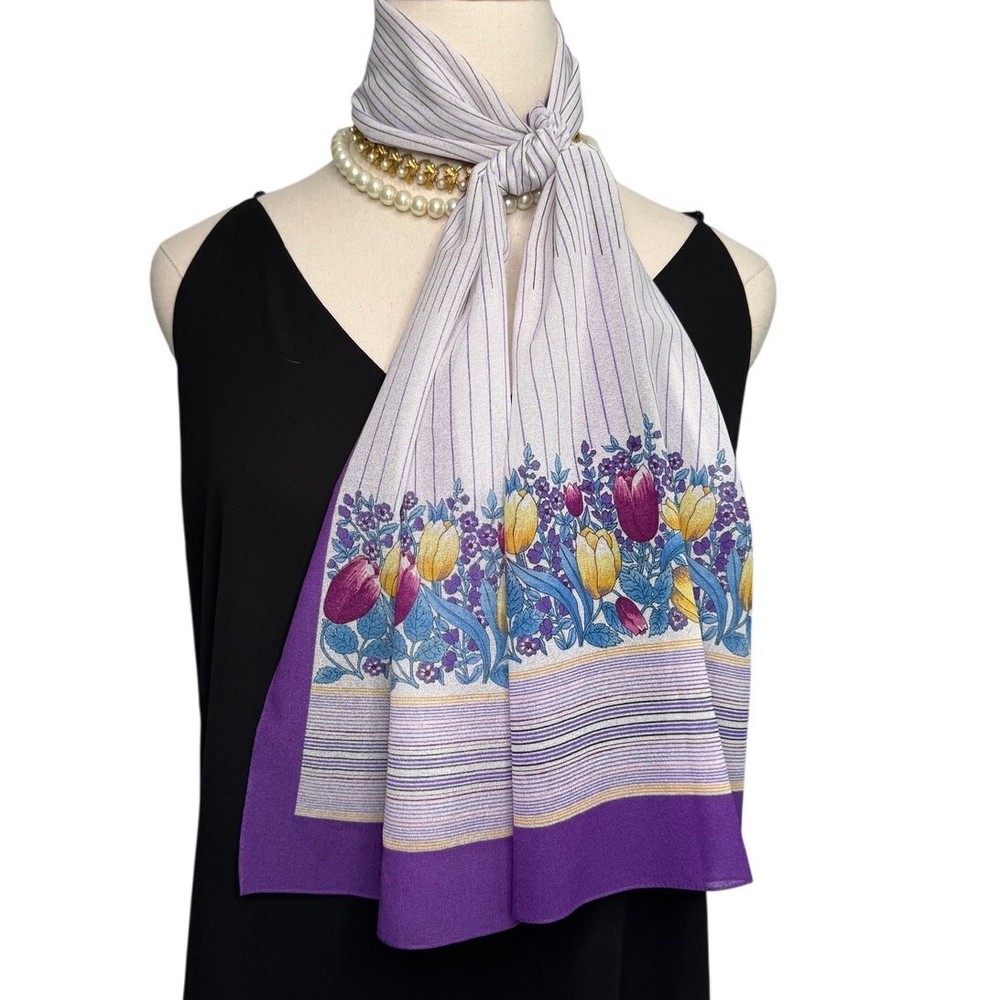 Vintage Saint Michael Italian chiffon scarf purple tulip stripe 11x54 long