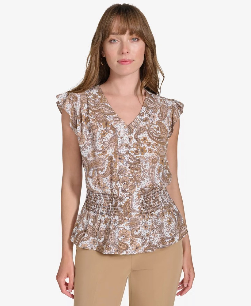 Tommy Hilfiger Women's Top Sz XL Paisley-Print Smocked Peplum