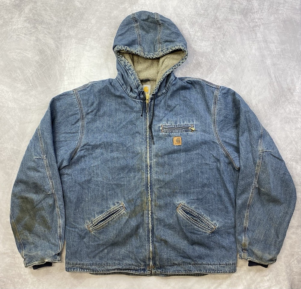 Vintage Carhartt Denim Jacket J239 LVN Hooded Sherpa Lined Size 2XL Tall
