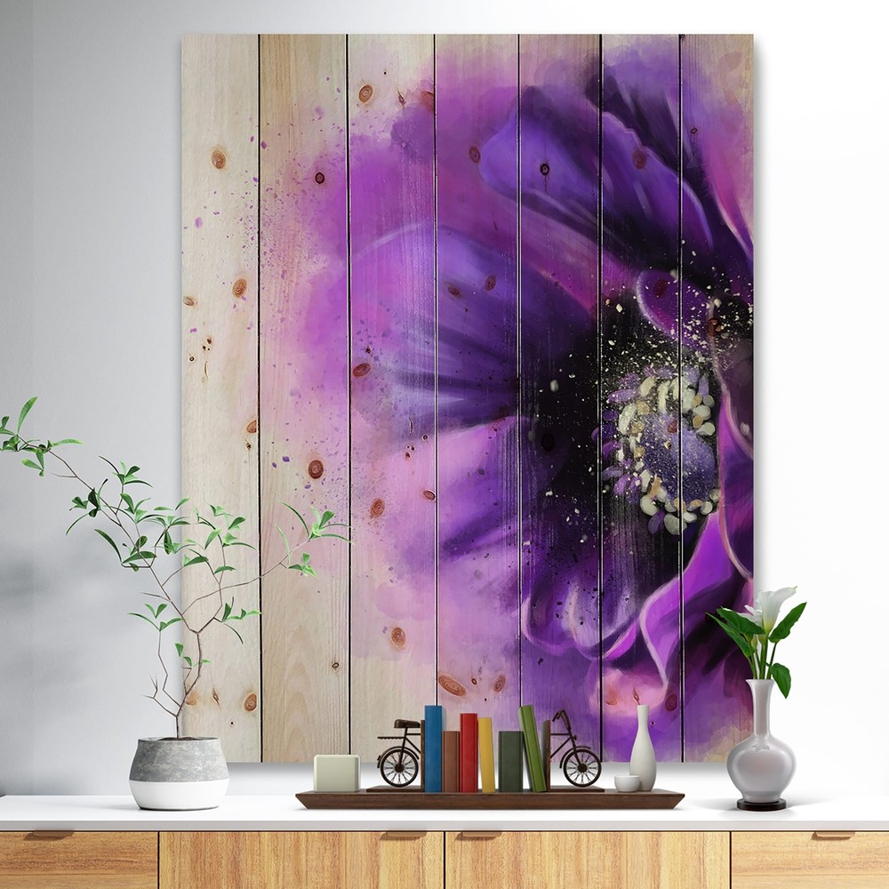 Designart 'Purple Stylized Watercolor Poppy' Nautical & Coastal Wood Wall Art -