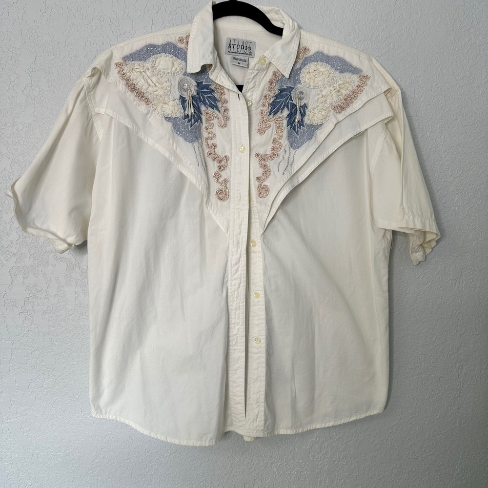 Vintage 90s At Last Studio Embroidered Western Shirt Beaded Floral Yoke Top Med