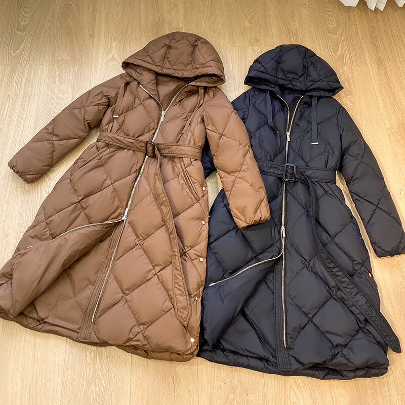 Women's Mid-Long White Duck Down Winter Coat with Hood – Warm & Stylish