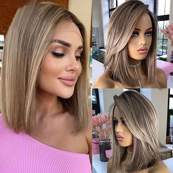 Brown Straight 13x4 Lace Front Bob Wig Glueless Human Hair Short Style
