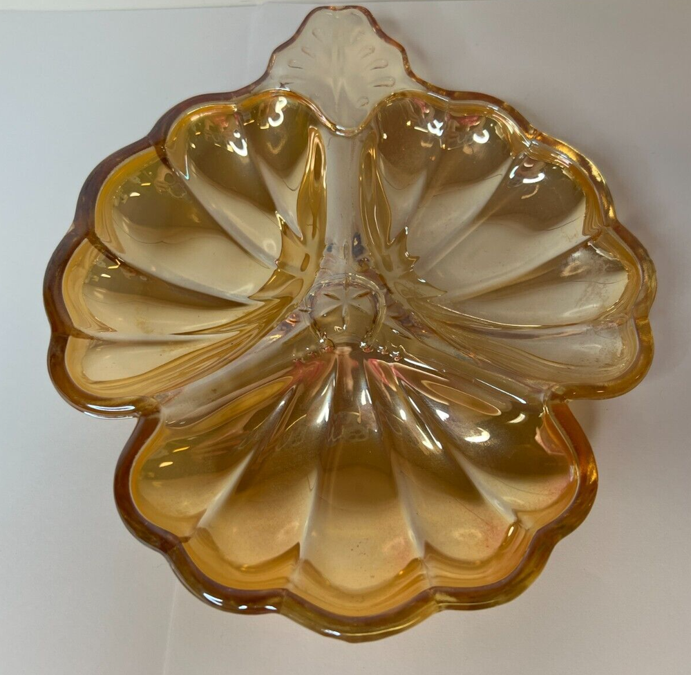 Carnival Glass Marigold Clover Leaf Candy Nut Relish Dish Iridescent Divided