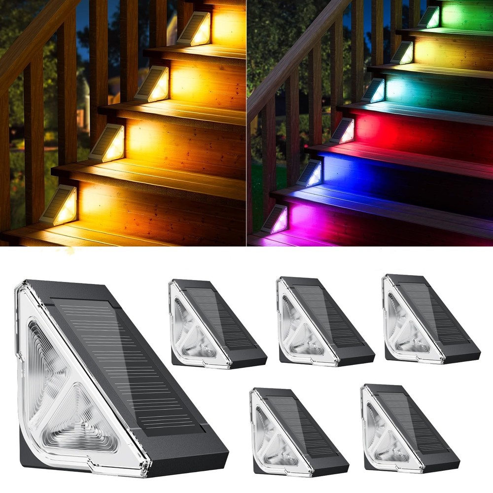 6 Pack Solar Step Lights Outdoor Waterproof LED RGB Warm White for Stairs Patio
