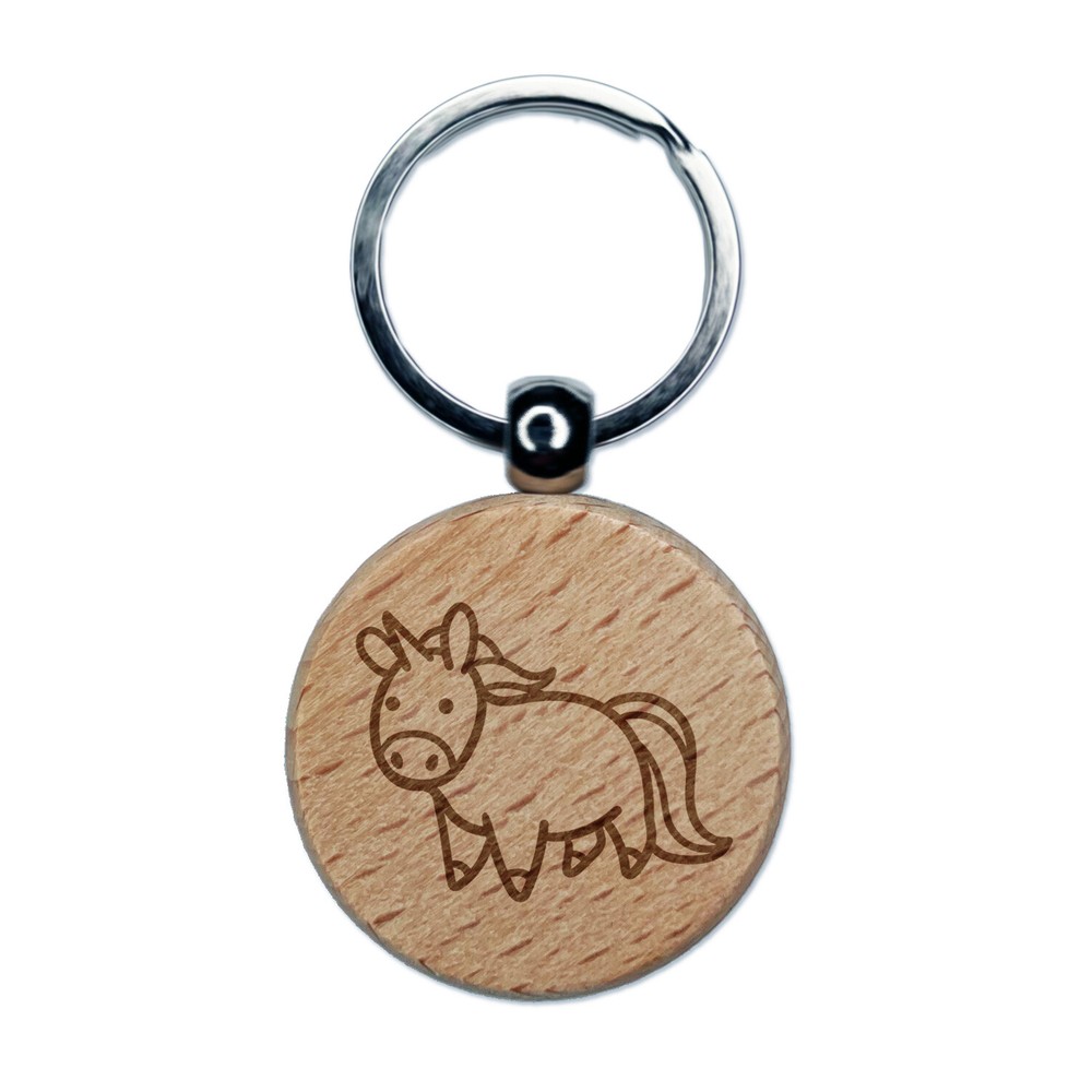 Chibi Unicorn Standing Engraved Wood Round Keychain Tag Charm