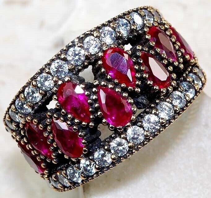 3CT Treated Ruby Ottoman Empire Style 925 Sterling Silver Ring Size 7 ZB1-3
