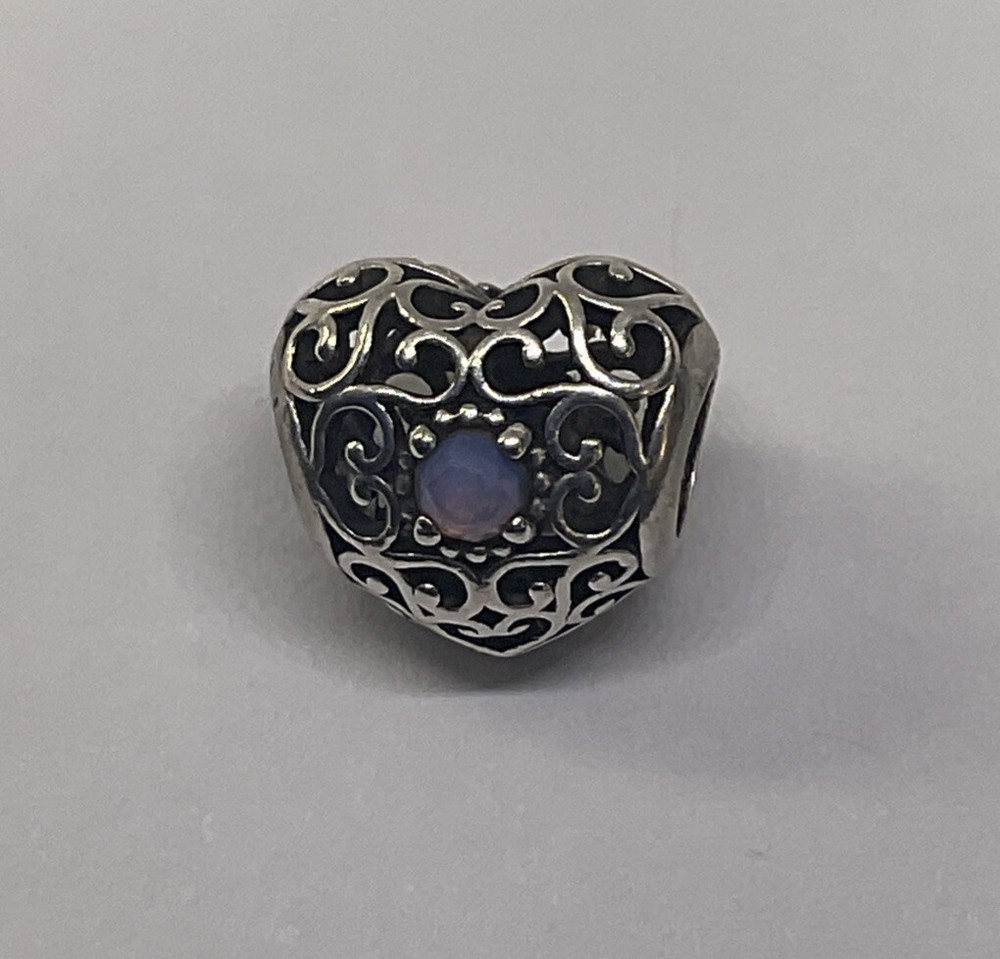 PANDORA 925 Silver October Birthstone Heart Charm Opalescent Openwork ALE
