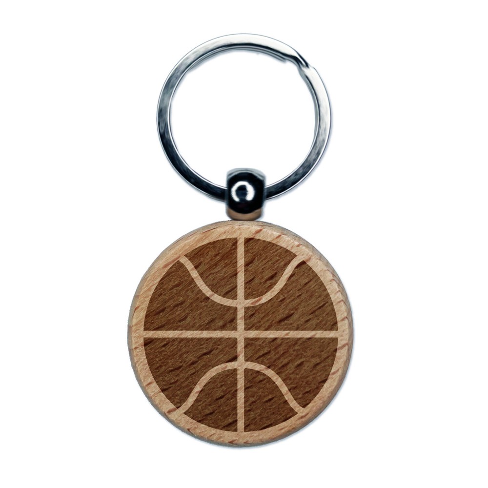 Basketball Sports Ball Engraved Wood Round Keychain Tag Charm