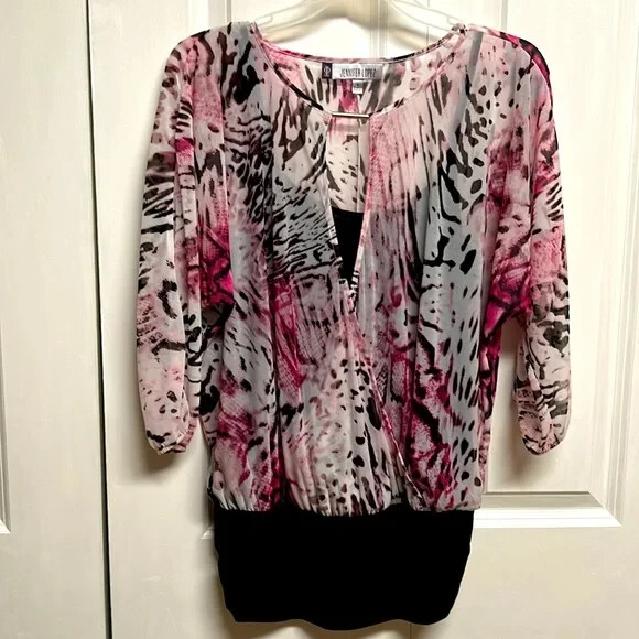 Jennifer Lopez Pink Black Abstract Print Mid Drop Sleeve Layered Top Size S