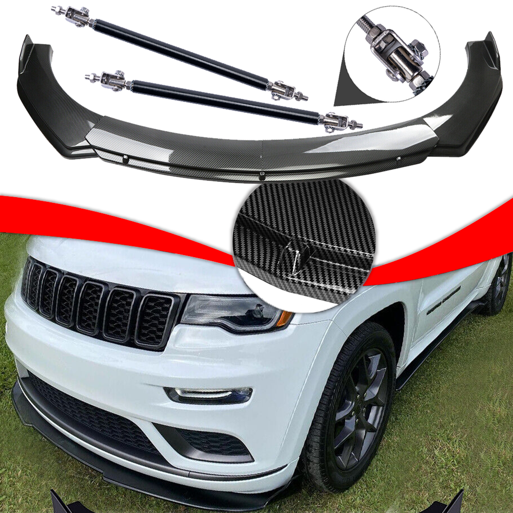 For Jeep Grand Cherokee Carbon Fiber Style Front Bumper Lip Spoiler Strut Rods