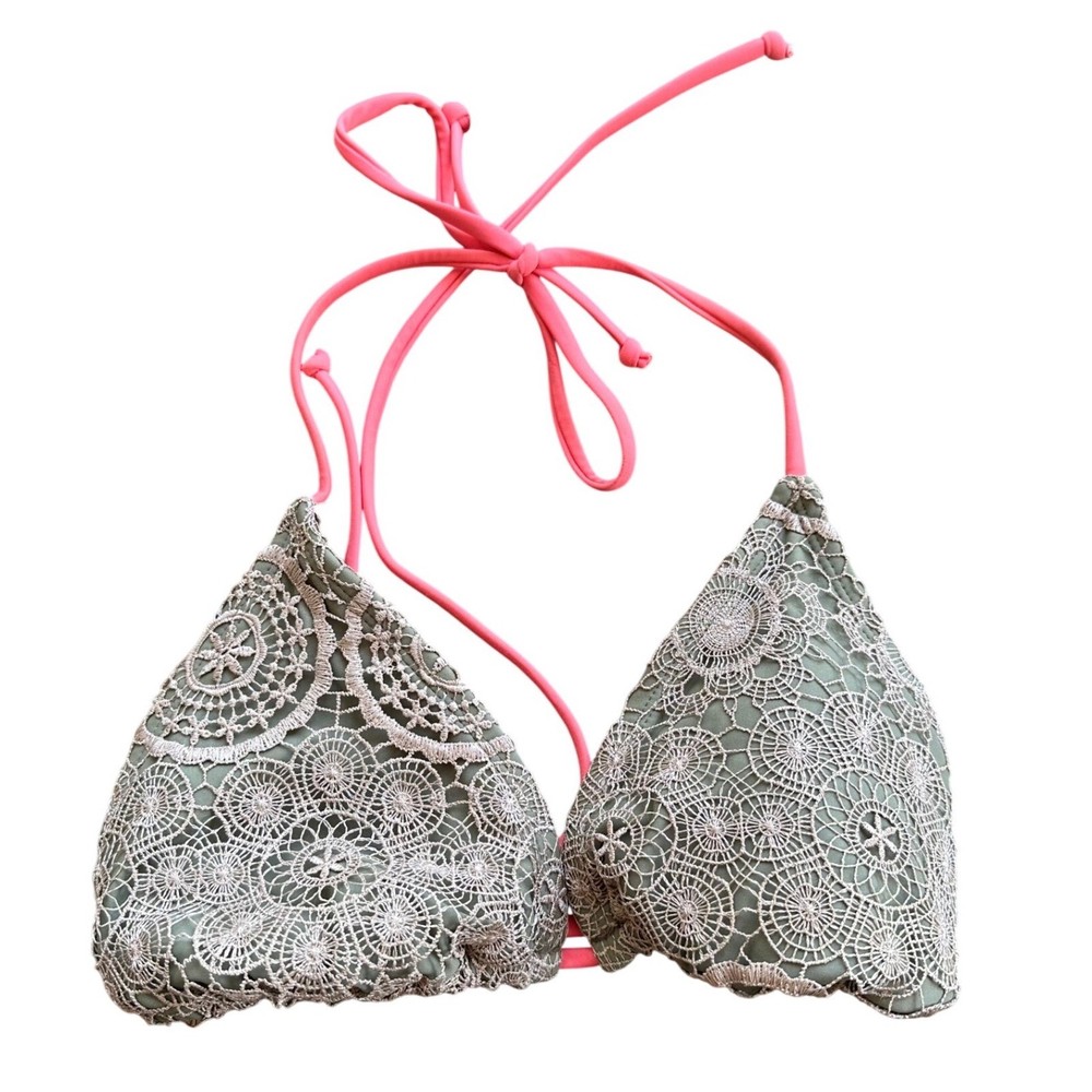 Xhilaration Womens Lace Triangle Bikini Top Coral Pink Taupe Boho Swim Size L