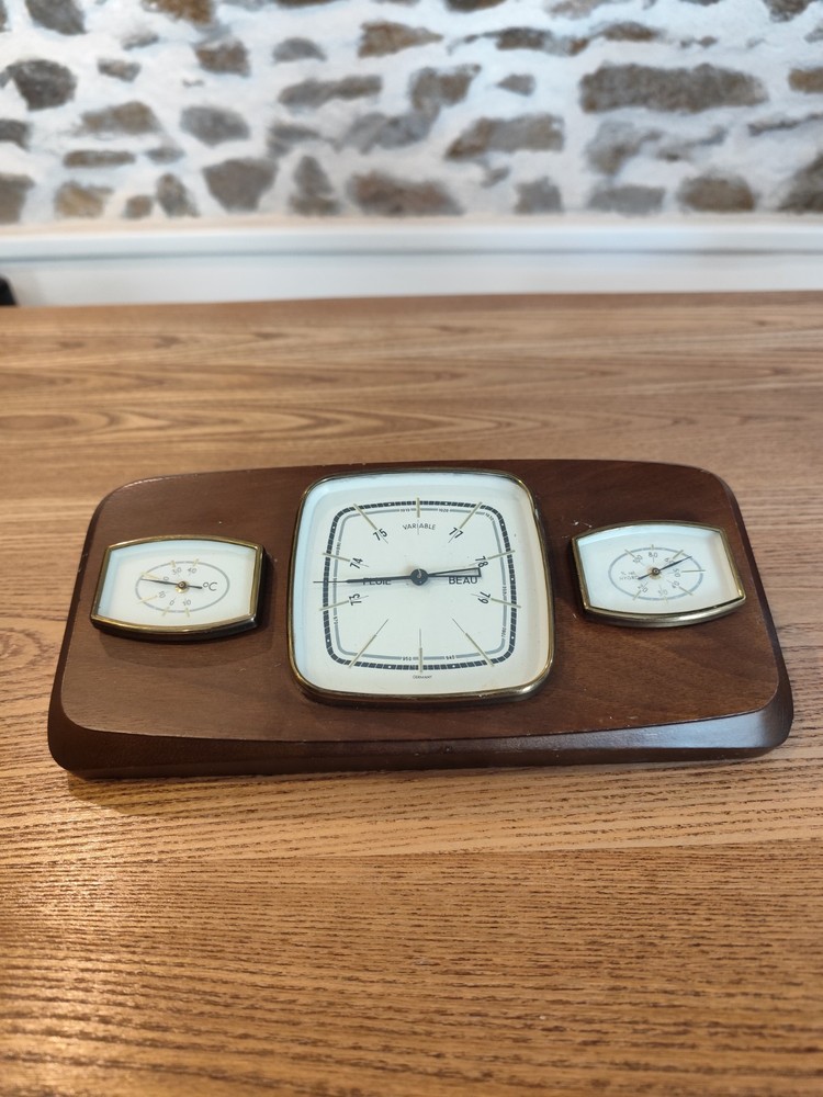 Vintage Art Deco Wood and Metal Thermometer Barometer