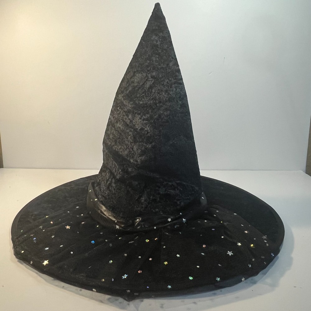 Black Witch Hat Veil w/ Stars One Size Halloween Decor Costume Wizard New