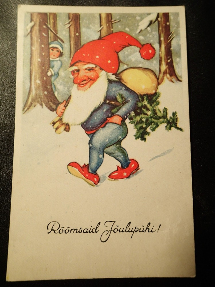 1940-s HAPPY GNOME SNOW CHRISTMAS TREE VINTAGE  POSTCARD ESTONIA ESTONIAN