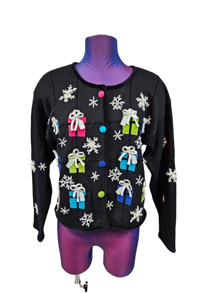 PBJ Sport Black Christmas Present Button Front Cardigan Sweater Size Small J5