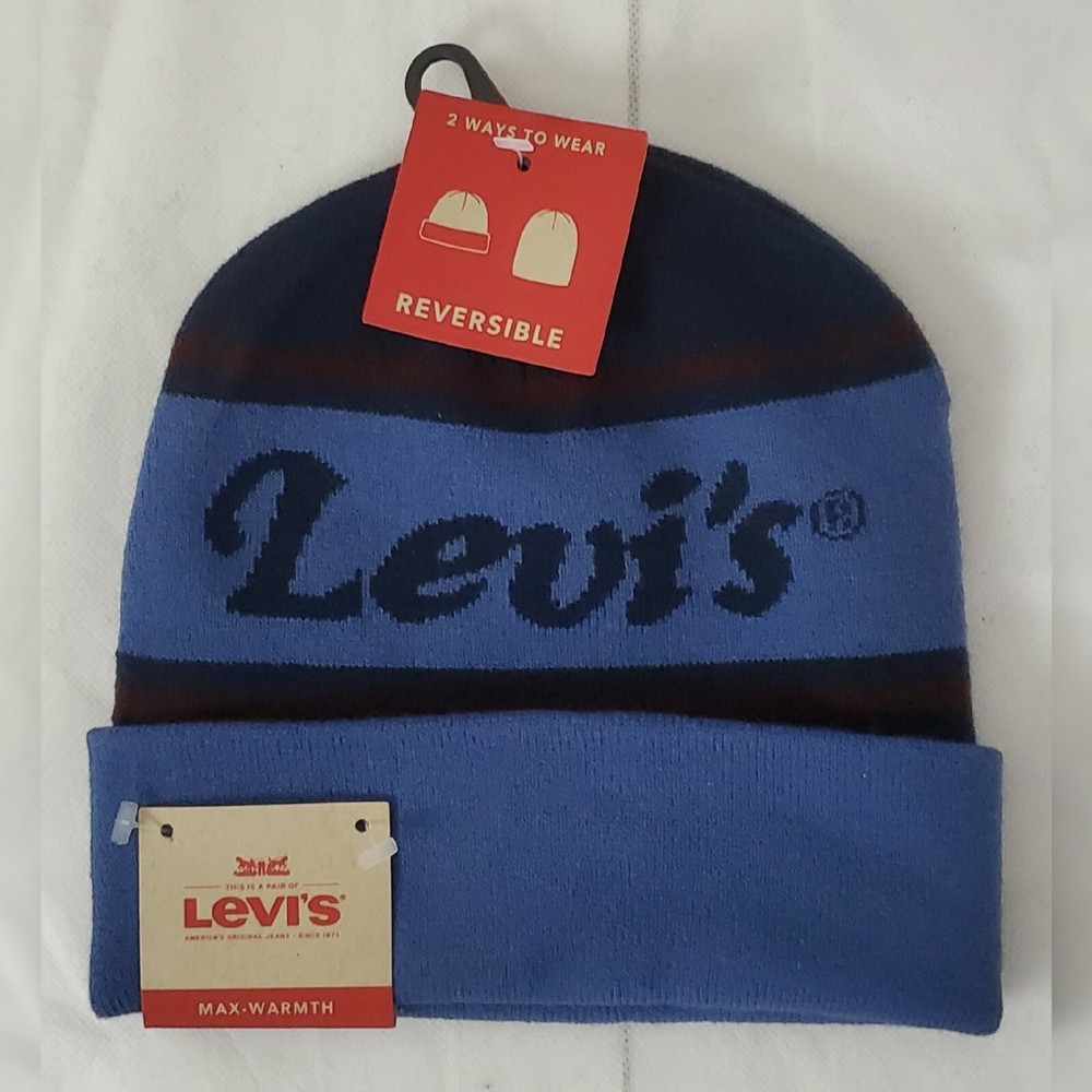 LEVI'S AUTHENTIC BEANIE HATS MEN'S REVERSIBLE ONESIZE NAVY MAX-WARMTH