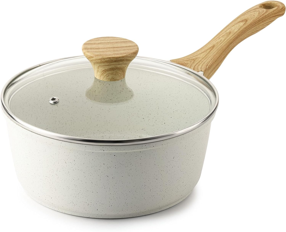 White Ceramic Nonstick Saucepan with Lid 1.5 Quarts, Small Cooking Pot with Stay
