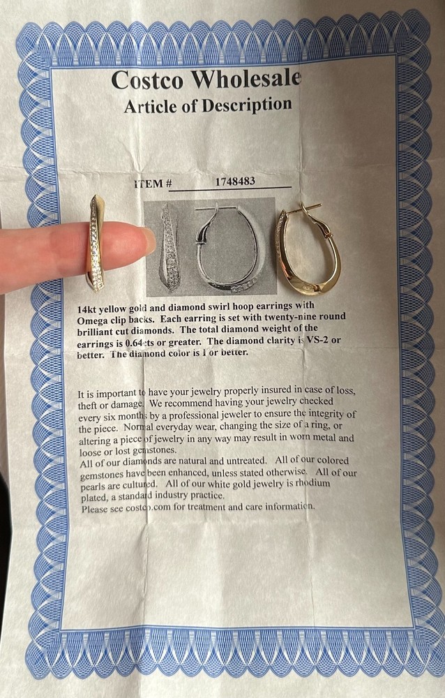 0.64ct Round Brilliant VS2 Diamond 14K Yellow Gold Hoop Earrings