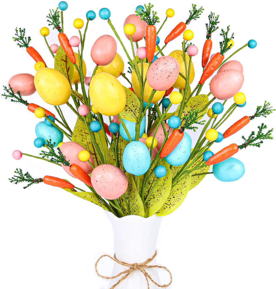 Easter Decorations, 6 Pcs Easter Stems with Eggs Carrots and Berries, Colorful E