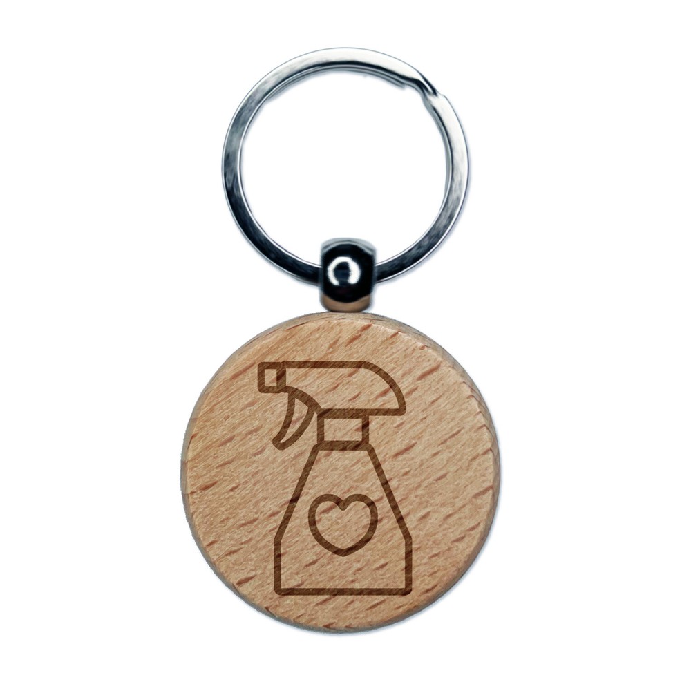 Spray Bottle with Heart Engraved Wood Round Keychain Tag Charm
