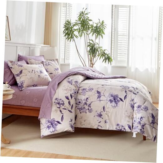 7-Piece Queen Size Bed in a Bag Comforter Set - Lilac Purple Floral Ensemble