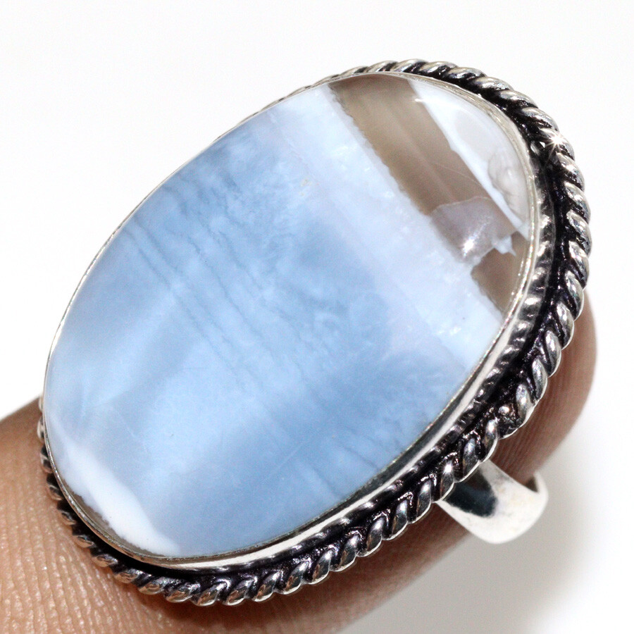 925 Silver Plated Owhyee Blue Opal Ethnic Ring Handmade Jewelry Size US 7 JW