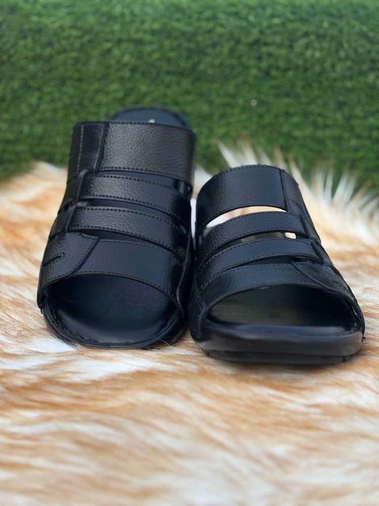 Men’s Black Leather Sandals – Comfortable Slip-On Open Toe Casual Footwear