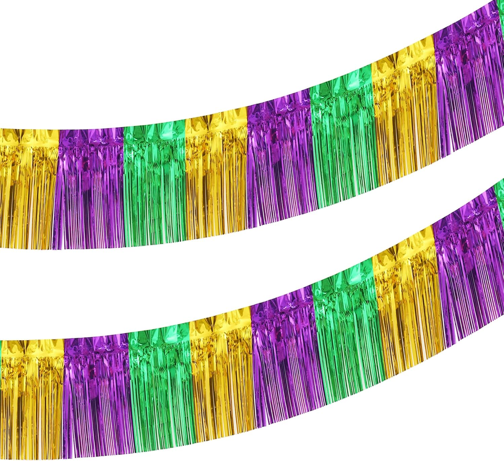 2 Pack 10 Feet Green Gold Purple Foil Fringe Garland Metallic Tinsel Streamers B