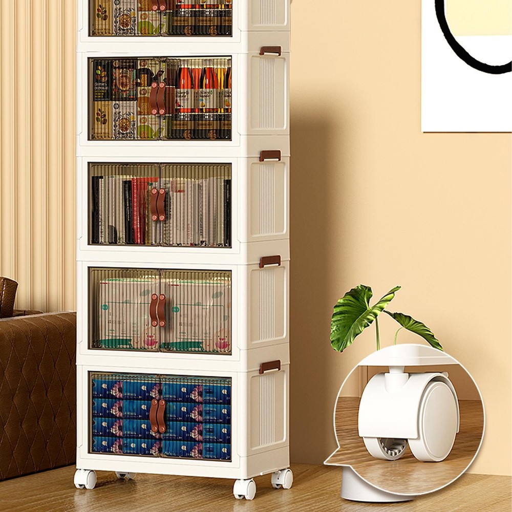 Collapsible 5-Pack Storage Bins with Wheels - Stackable Organizer Cart Cabinet Box