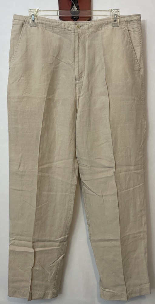 Nautica Explorer Mens XL Beige Loose Fit Straight 100% Linen Cargo Pants! A6653