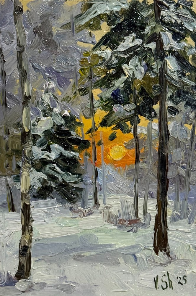 Original Oil Painting Winter Sunset Landscape Forest Impressionism Art Signed