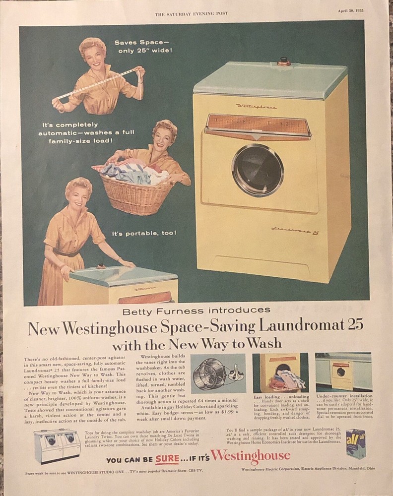1955 Westinghouse Laundromat 25 Washer Betty Furness Space Save VTG 50s PRINT AD