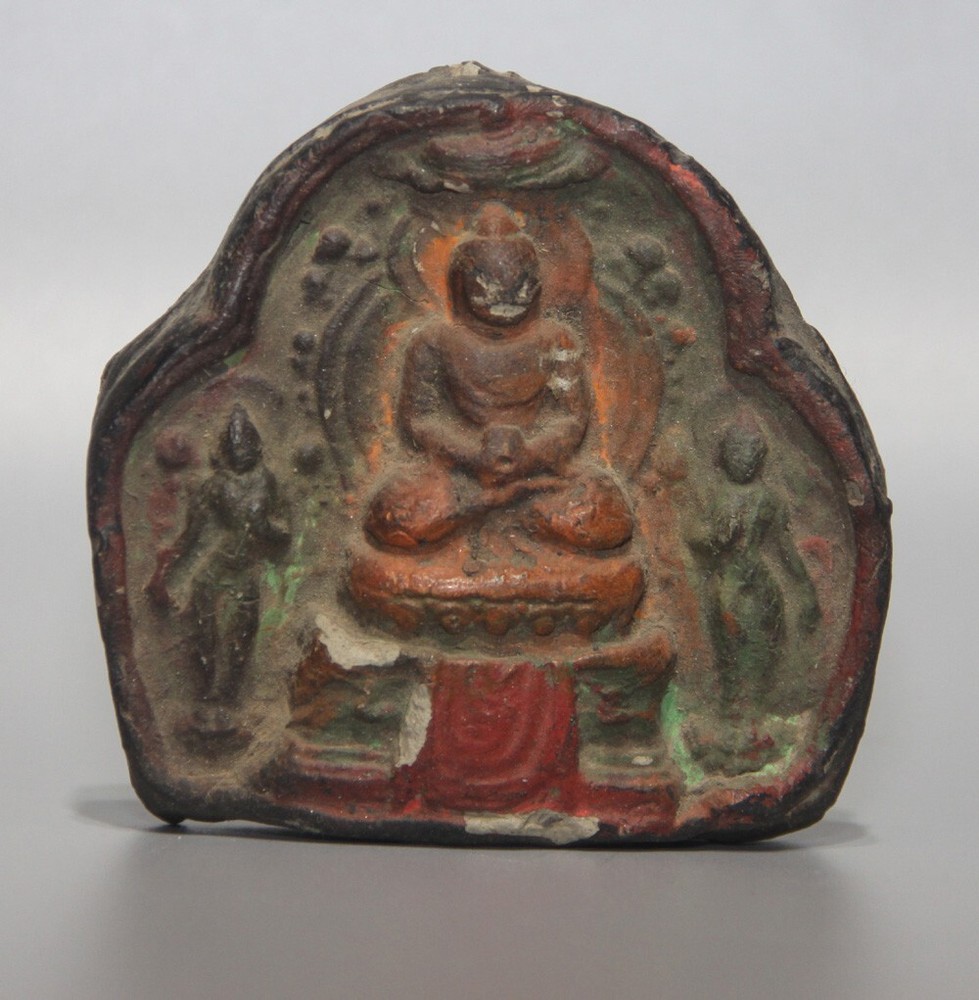 Tibet Vintage Old Buddhist Painted Clay Tsa Tsa Amitabha Buddha Statue Amulet