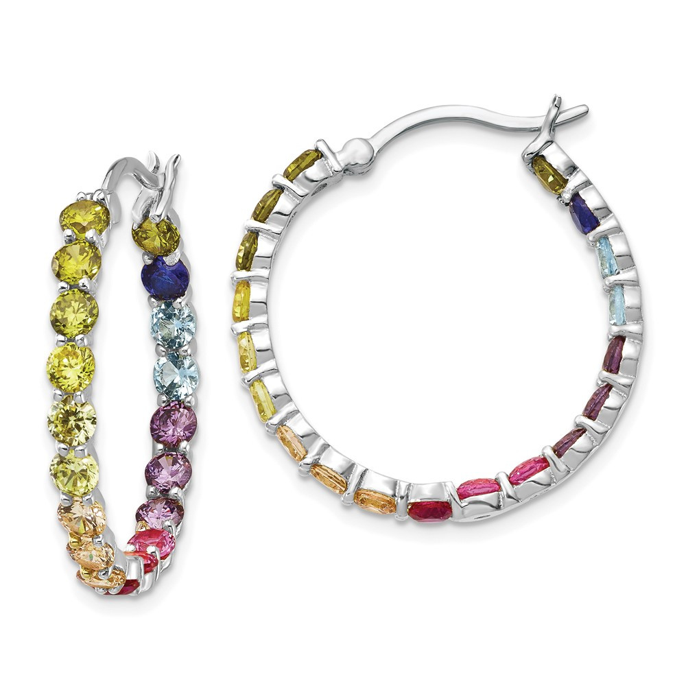 Sterling Silver In and Out 3mm Colorful Cubic Zirconia Hoop Earrings 3.78gm