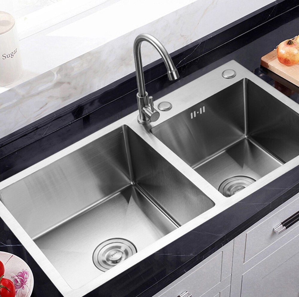 Double Bowl Composite Drop-in Kitchen Sink Set in Stainless Steel