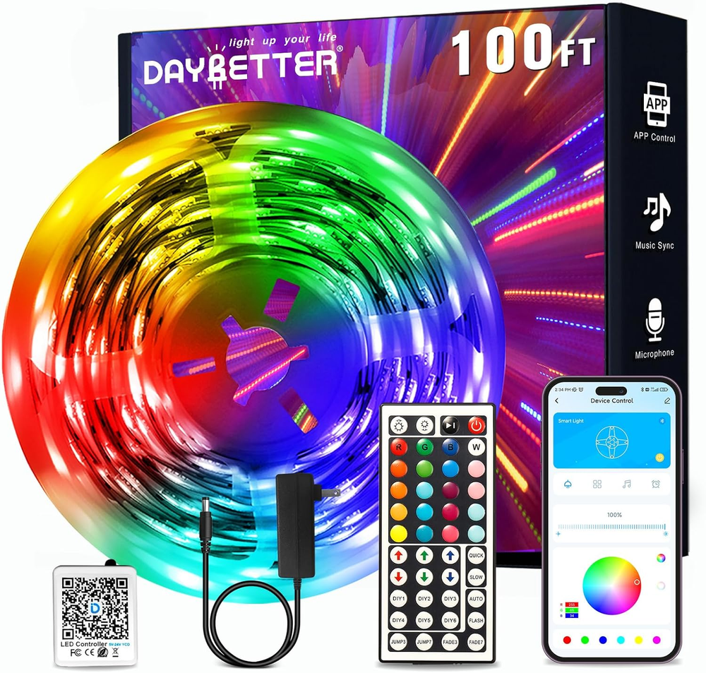 100FT RGB LED Strip Lights Smart App & Remote Control, Music Sync for Bedroom TV