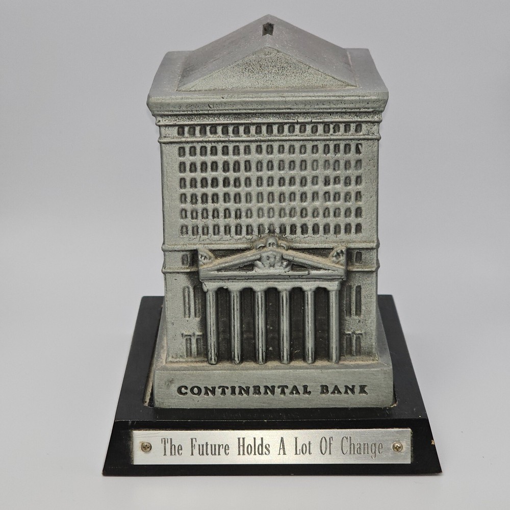 Vintage, 1974 Banthrico Chicago Continental Bank Coin Bank, w/ Wood Stand