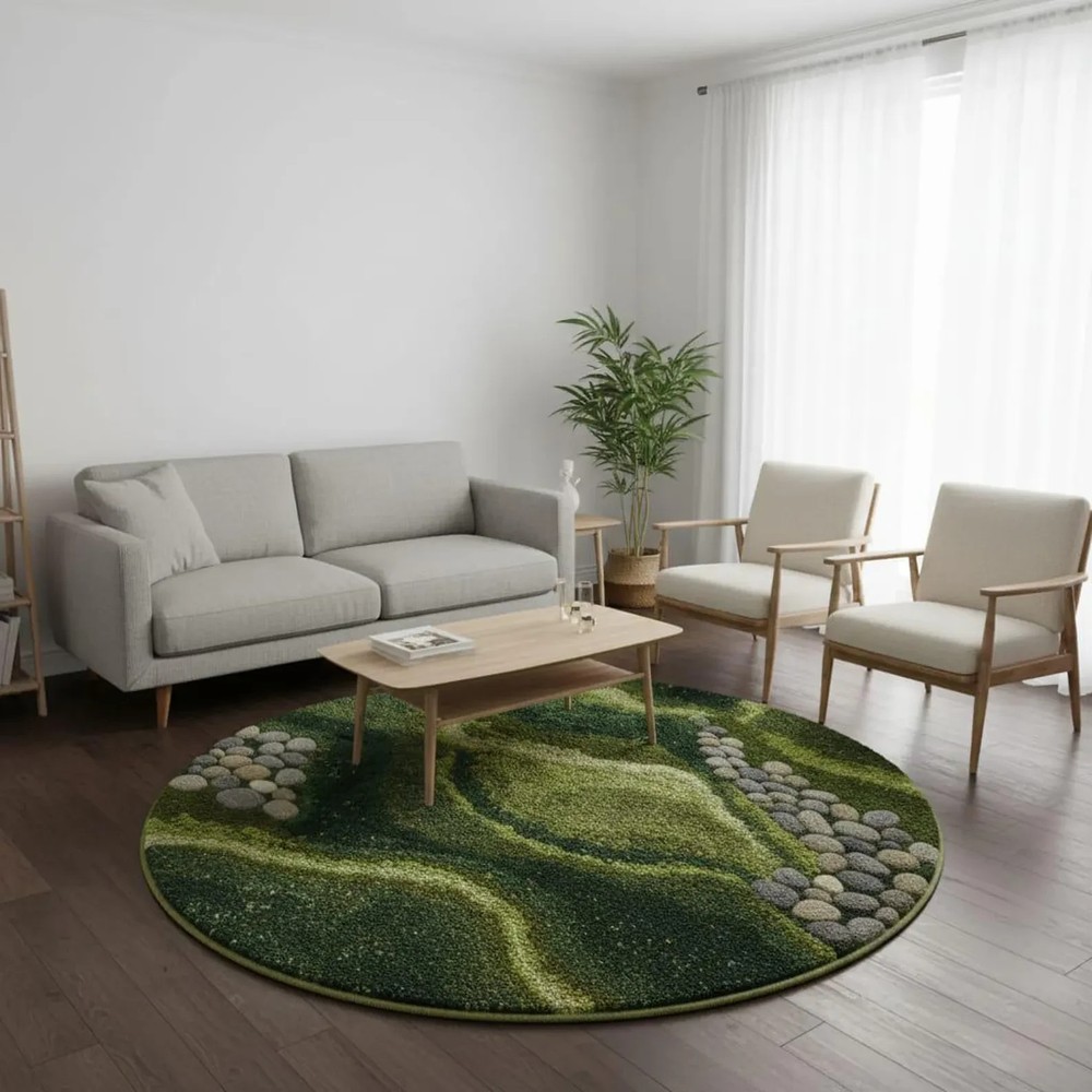 Hand-Tufted Wool RugRound Nature-Inspired Green Textured Carpet, Earthy