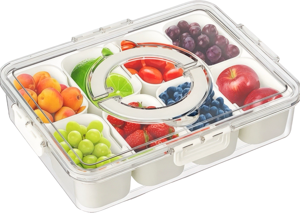 Snackle Box Container 8‑Compartment Snack Organizer w/ Lid & Handle Divided Tray