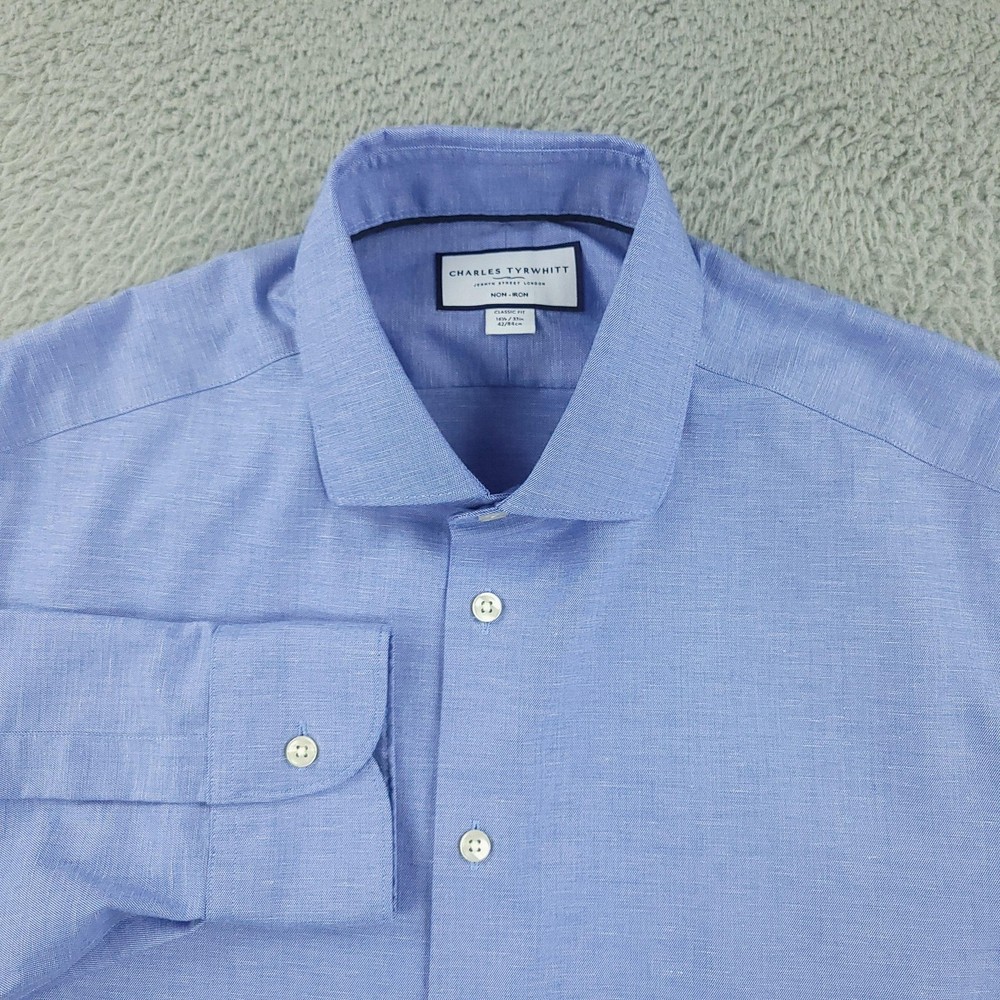 Charles Tyrwhitt Shirt Mens 16.5 33 Blue Classic Fit Non Iron Cotton Linen