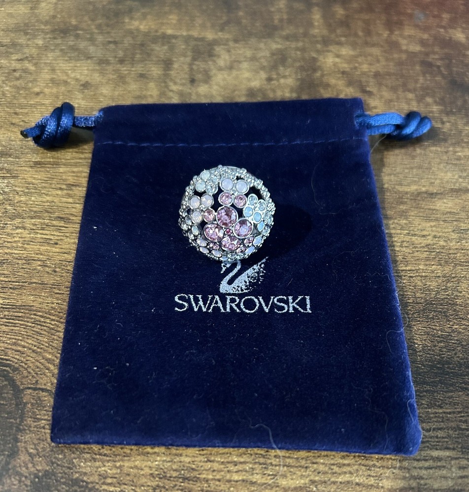 Swarovski Pink Cherie Dome Rhodium Plated Adjustable Ring 55 - Free Pouch £20+