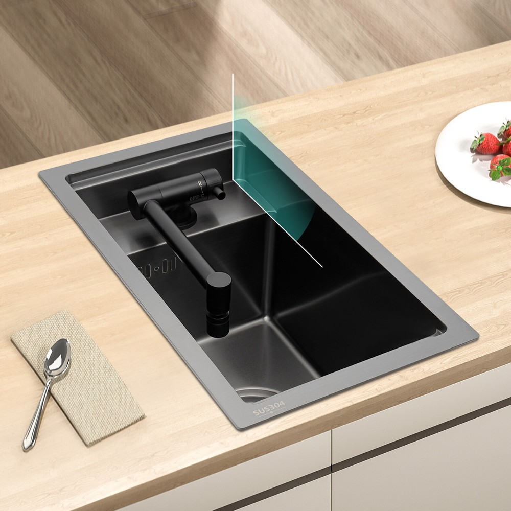 Single Bowl Hidden Drop-in Kitchen Sink with Folding Faucet for Modern Bar Design