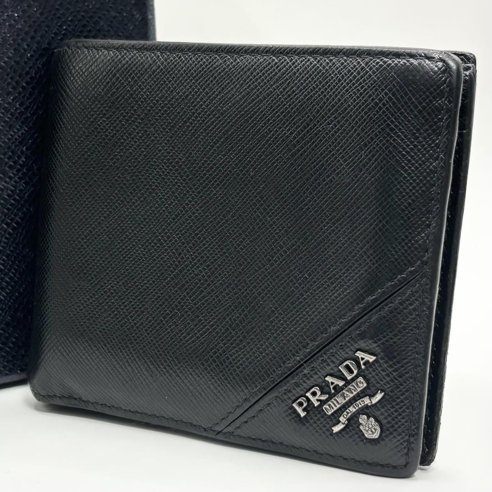 Prada Saffiano Leather Bifold Wallet Black with Metal Logo Authentic Pre-Owned